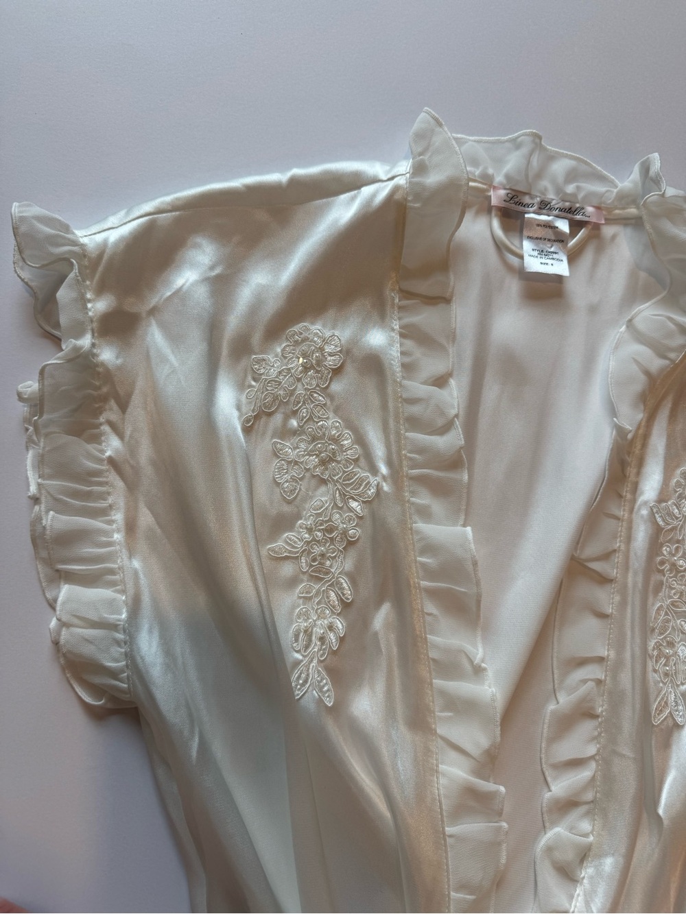Linea Donatella Ivory Satin Embroidered Ruffle Robe - Picture 3 of 7